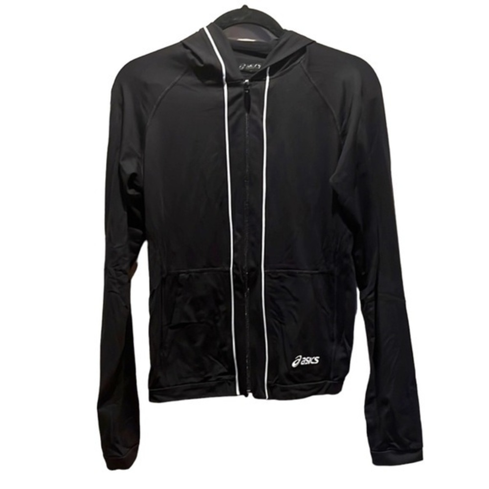 ASICS Jacket Zip Up Hoodie Women’s Black White Piping Size Small